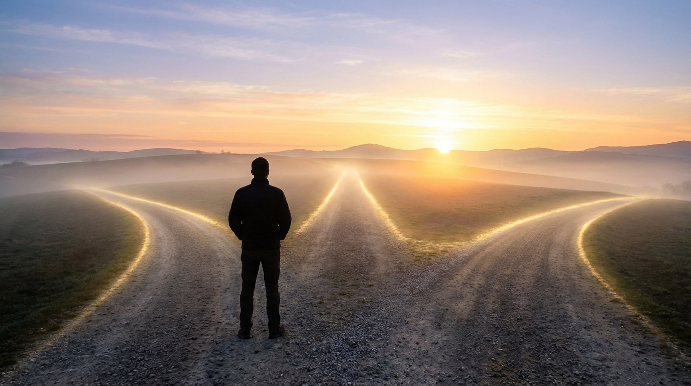 Silhouette d'une personne à la croisée de trois chemins lumineux au lever du soleil, symbolisant un choix de carrière important.