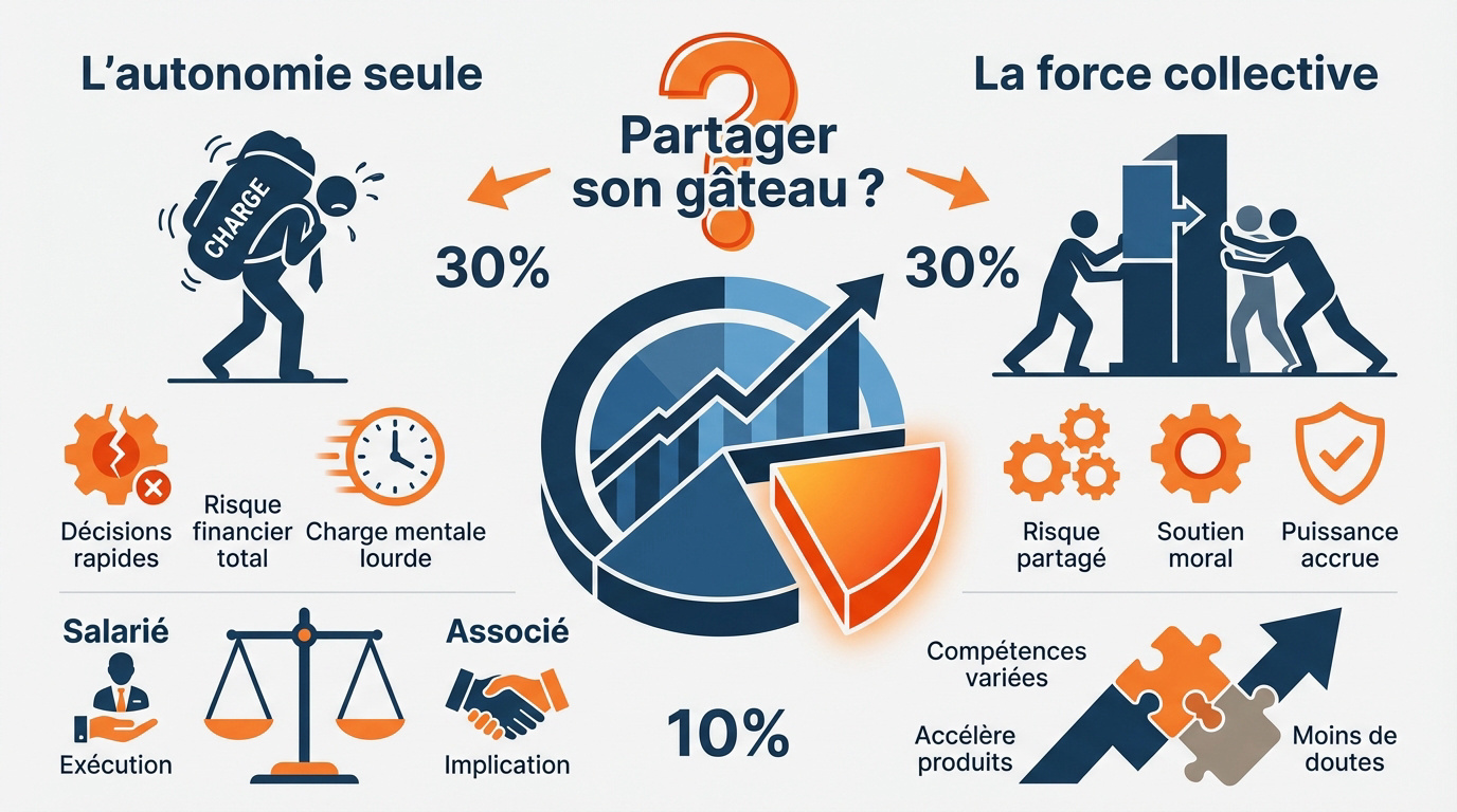 Un entrepreneur hésitant entre s'associer ou rester seul pour développer son projet