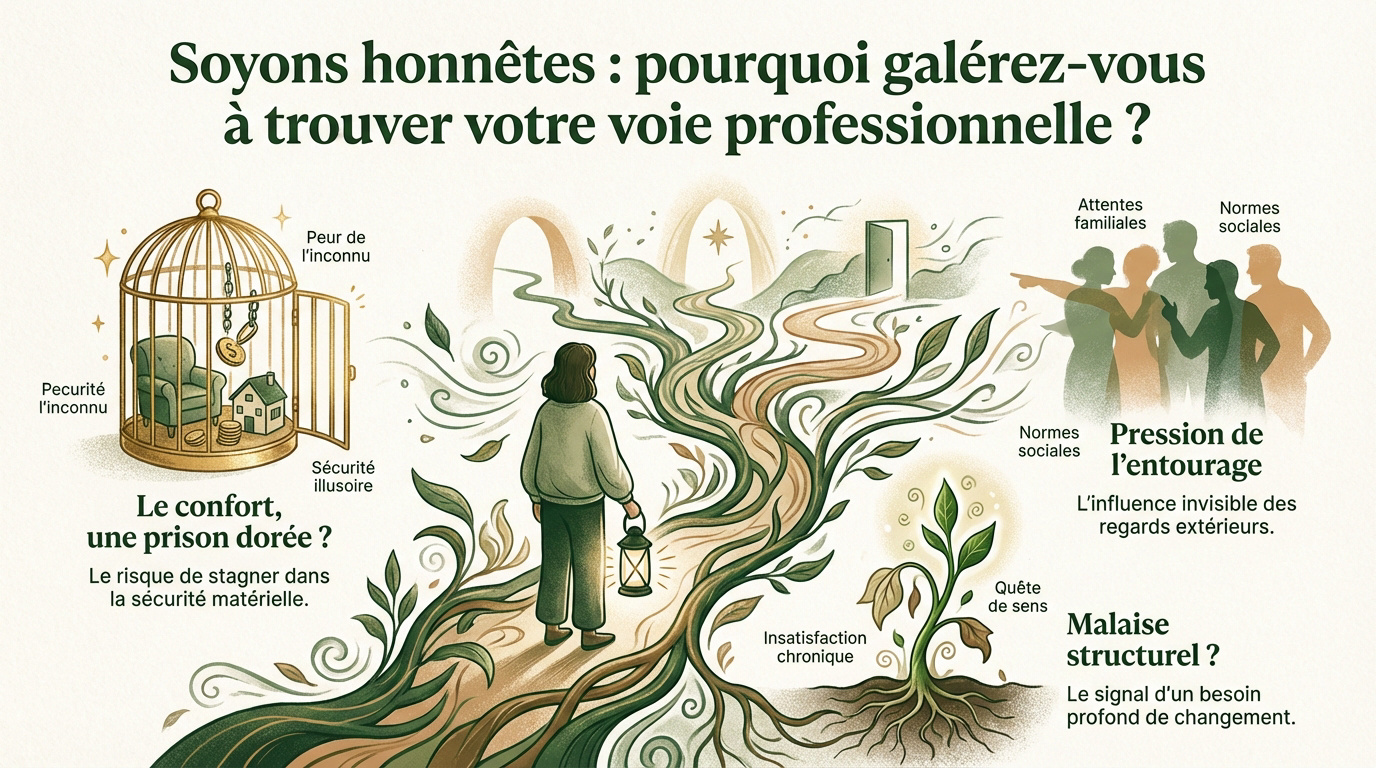 Personne réfléchissant à sa reconversion professionnelle devant des chemins multiples