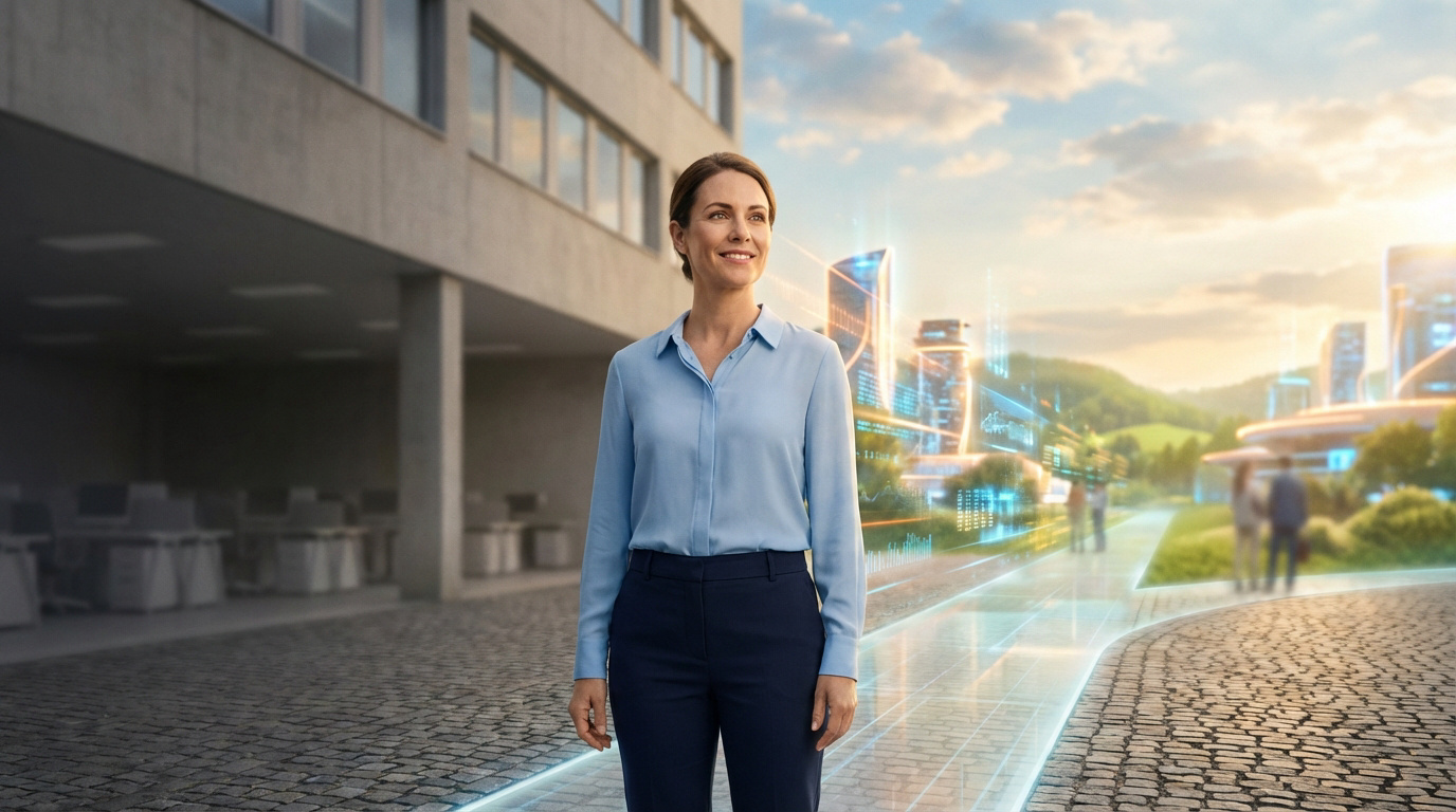 Une femme souriante en tenue professionnelle, devant un bâtiment moderne et un paysage urbain futuriste avec des interfaces numériques.
