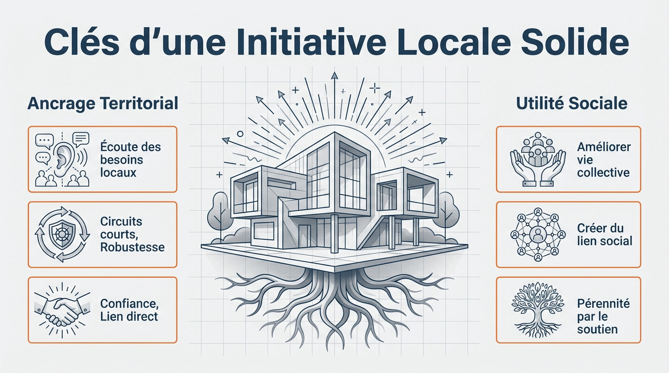 Infographie détaillant les piliers d'une initiative locale solide : ancrage territorial et utilité sociale