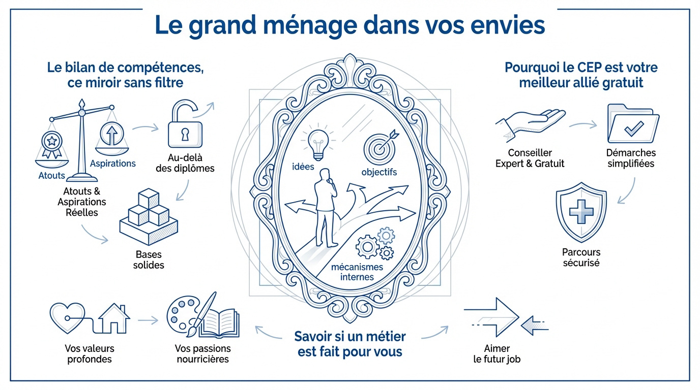 Infographie sur les étapes de réflexion pour une reconversion professionnelle réussie