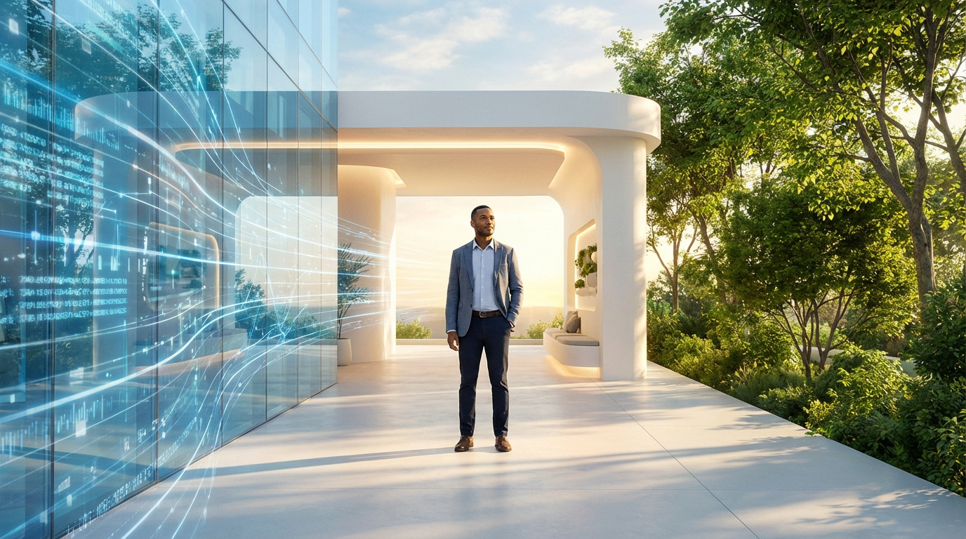 Homme en blazer gris face à un immeuble vitré avec flux de données bleus et végétation luxuriante, symbolisant l'avenir professionnel.