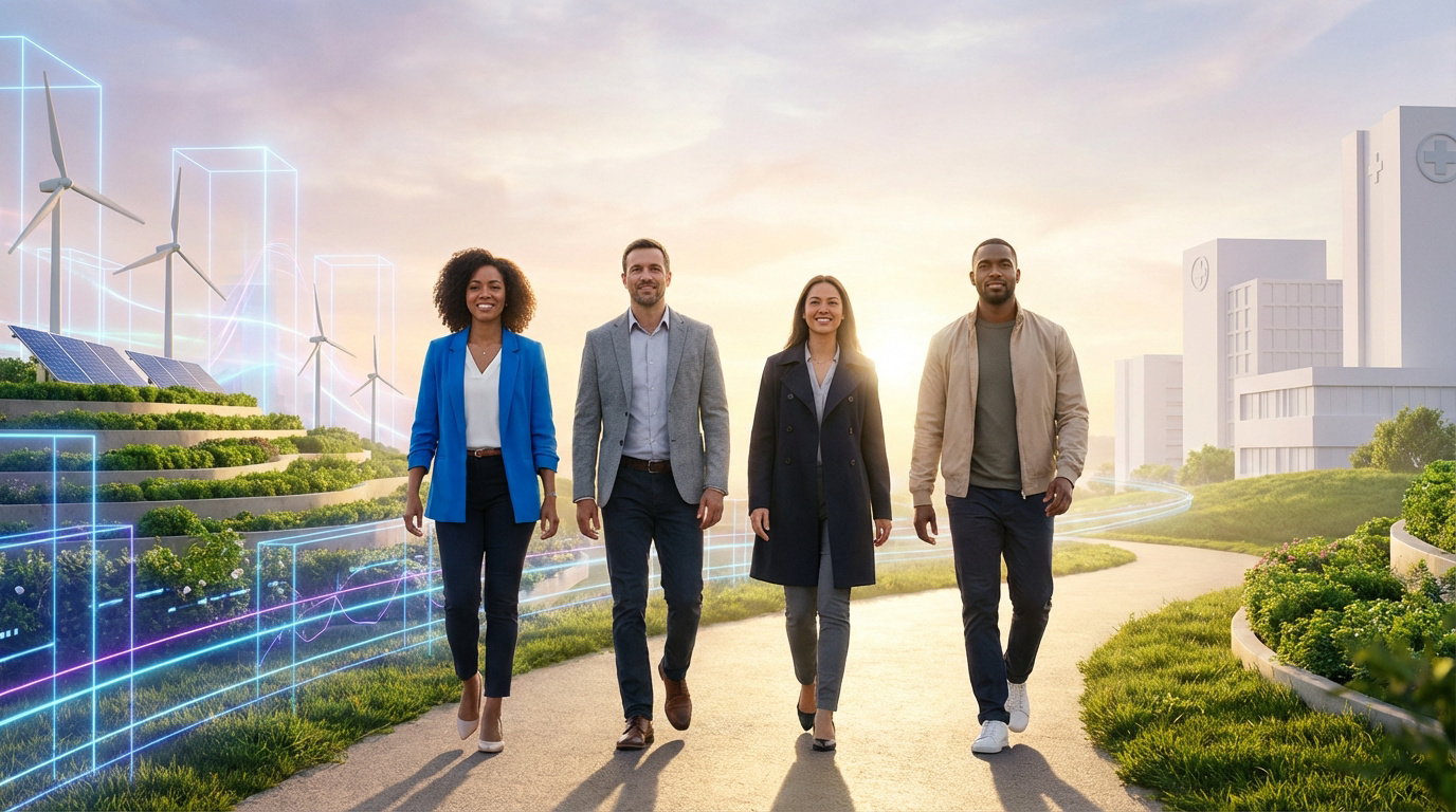 Quatre professionnels souriants avancent dans un paysage futuriste. À gauche, éoliennes et panneaux solaires; à droite, bâtiments modernes.