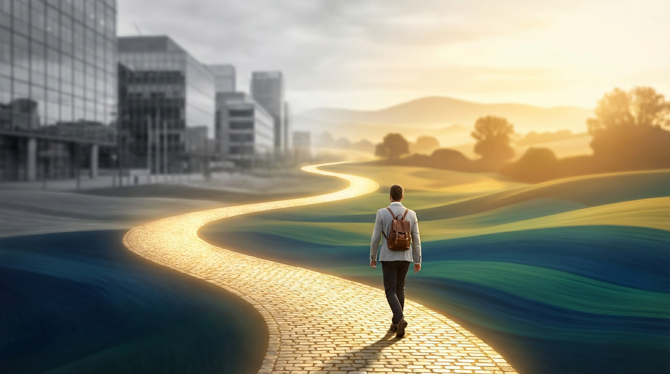 Un homme marche sur un chemin pavé doré s'éloignant d'une ville grise vers un paysage verdoyant et ensoleillé.