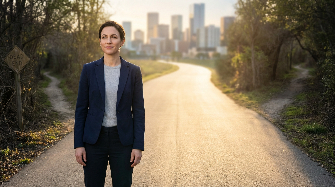 Femme en blazer face à deux chemins; l'un avec panneau "DEAD END", l'autre vers une ville lumineuse à l'horizon.