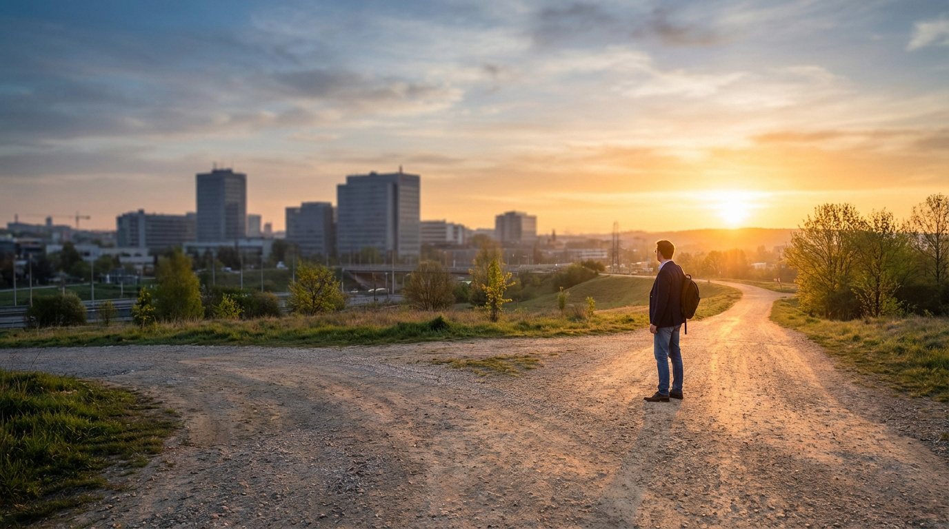 Homme à un carrefour devant un paysage urbain au coucher du soleil, symbolisant un choix de carrière ou de vie.