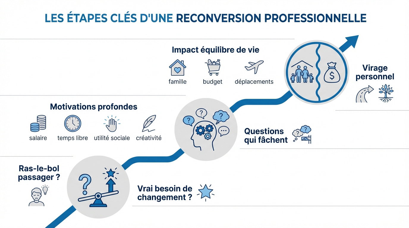 Schéma des étapes clés pour réussir sa reconversion professionnelle