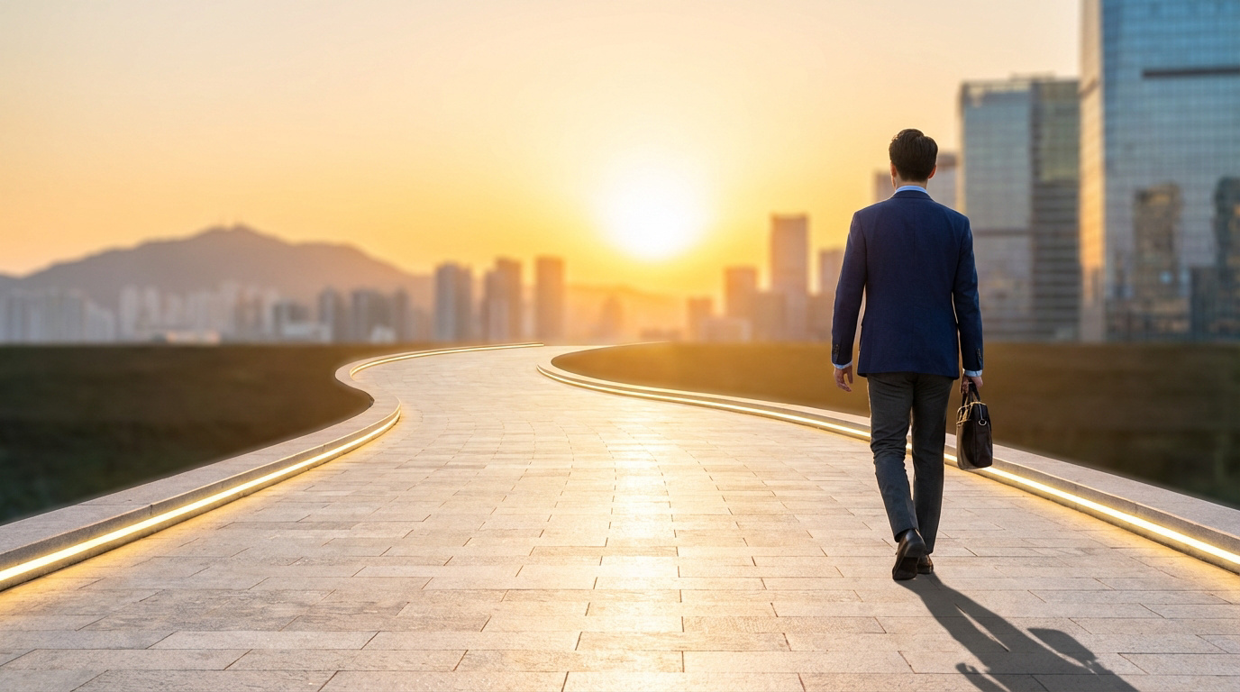 Un homme en costume marche sur un chemin lumineux, sa mallette à la main, vers une ville à l'horizon ensoleillé.