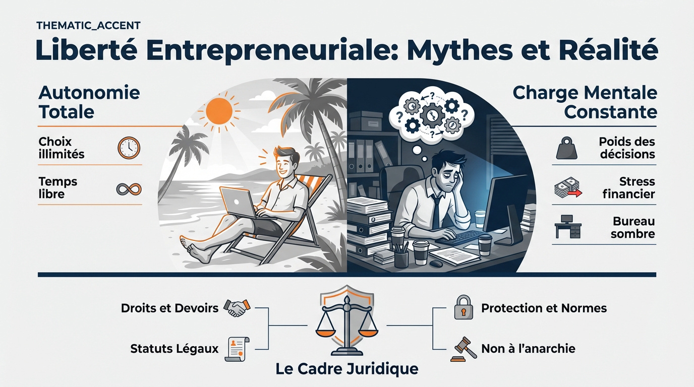 Représentation de la dualité entre le rêve de liberté et la réalité du travail indépendant