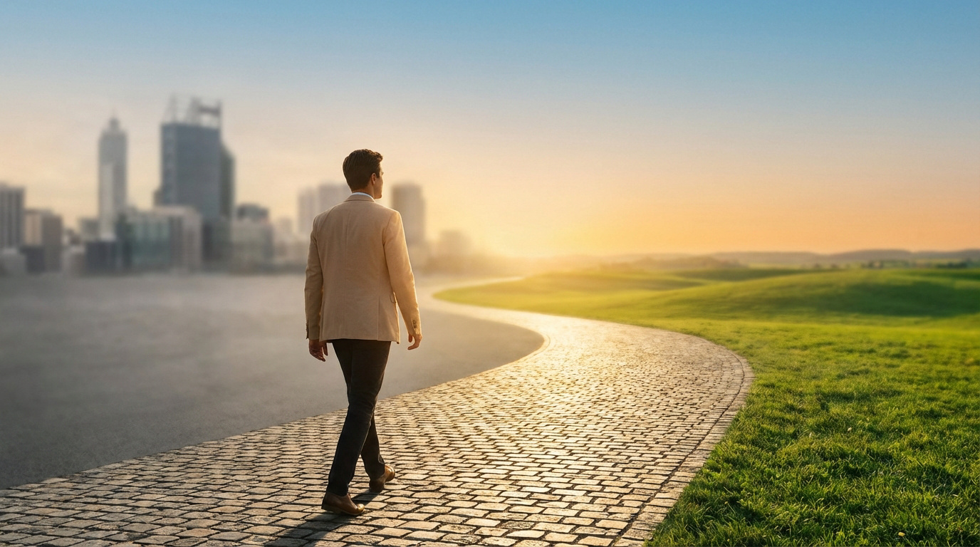 Homme en veste beige sur chemin pavé, s'éloignant d'une ville floue vers paysage verdoyant et lumineux au lever du soleil.