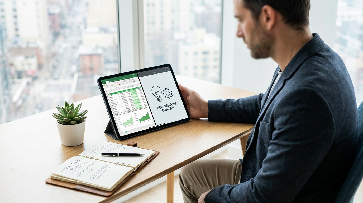 Homme en costume analyse des données sur tablette et planifie une nouvelle entreprise, carnet ouvert. Vue urbaine.