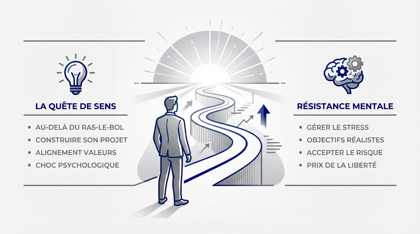 Illustration d'un entrepreneur en pleine réflexion sur sa quête de sens et sa résistance mentale
