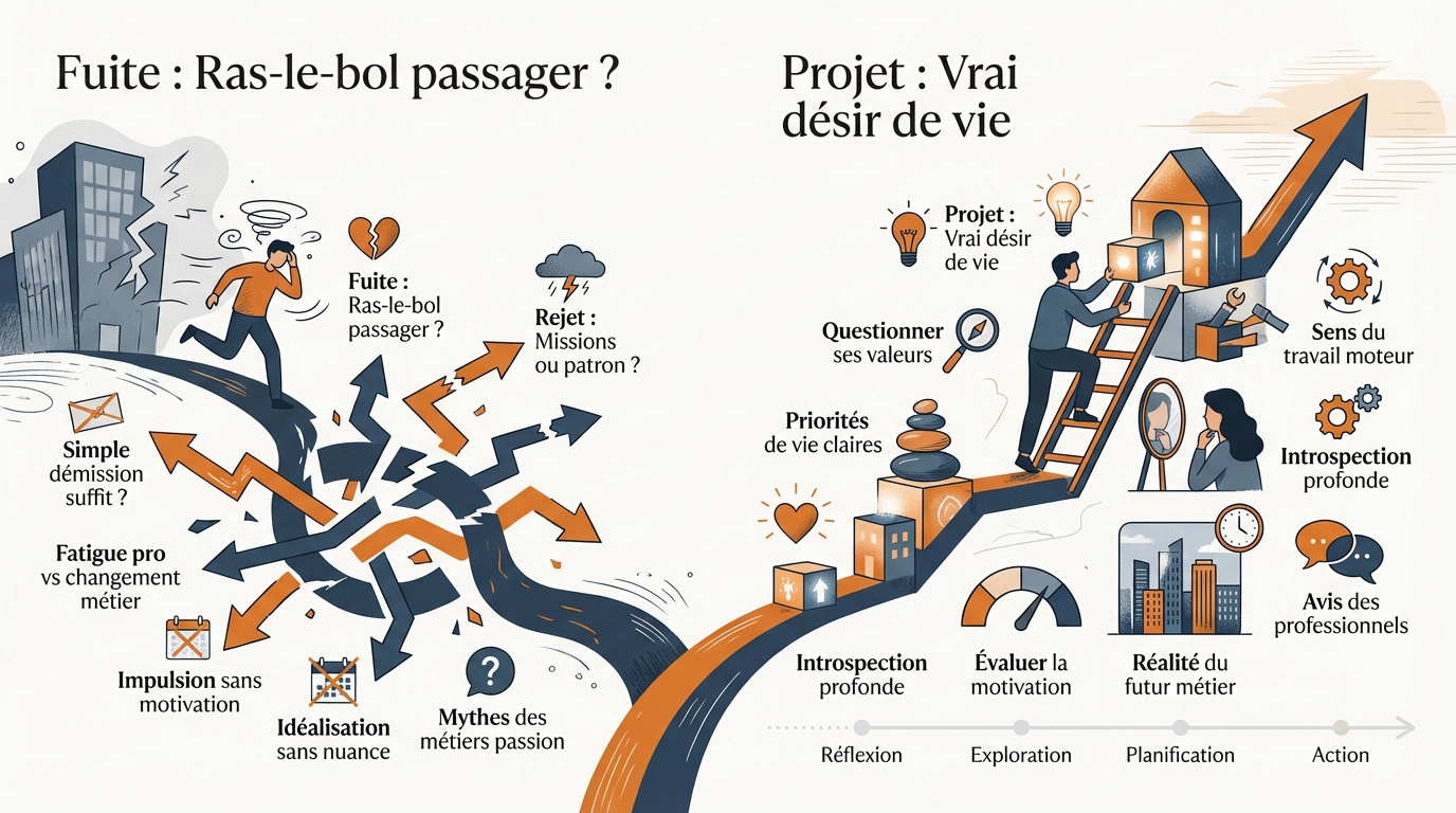 Illustration d'une personne hésitant entre la fuite et la construction d'un projet de reconversion