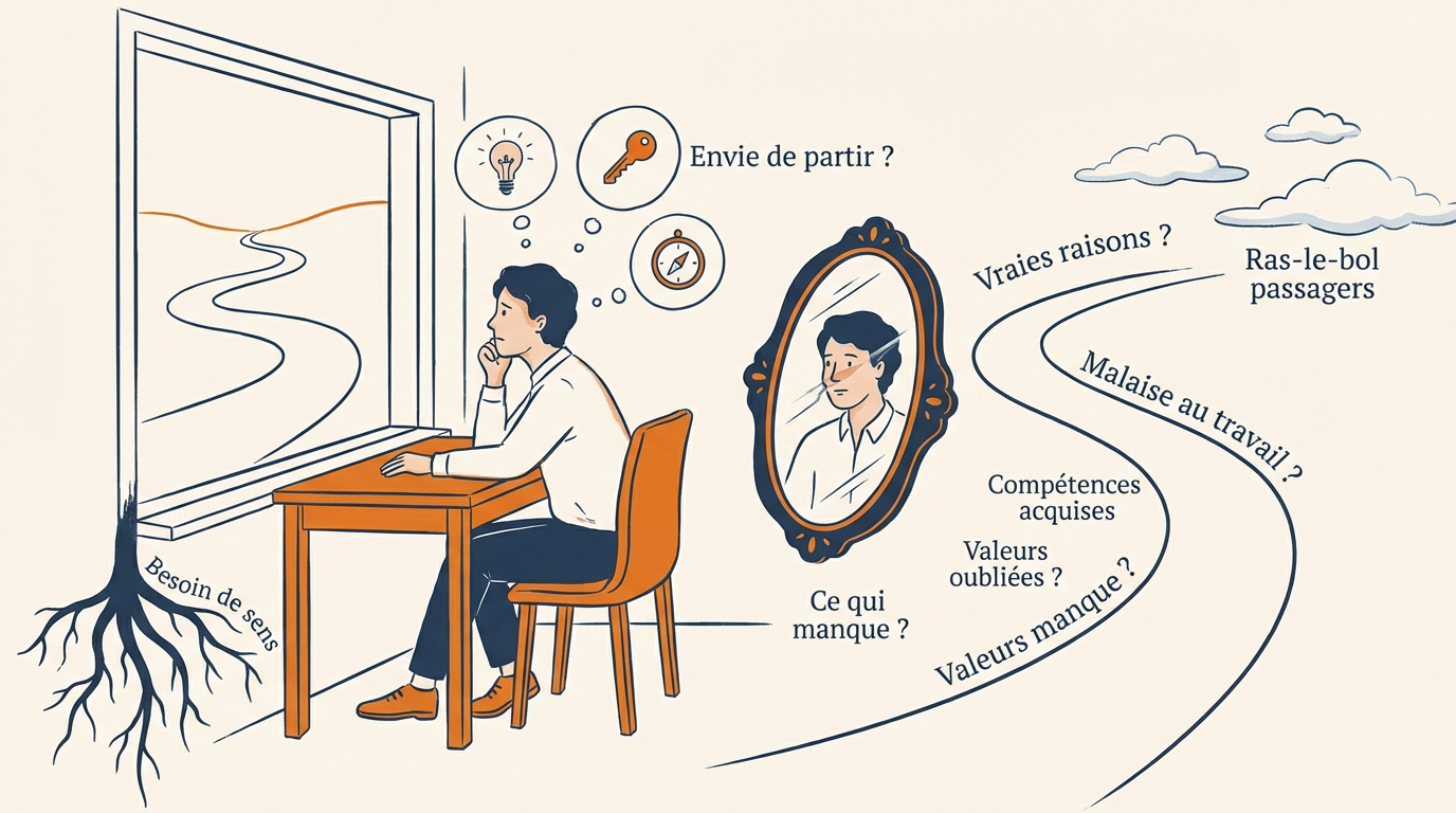 Une personne en pleine réflexion sur son avenir et son changement de vie professionnelle