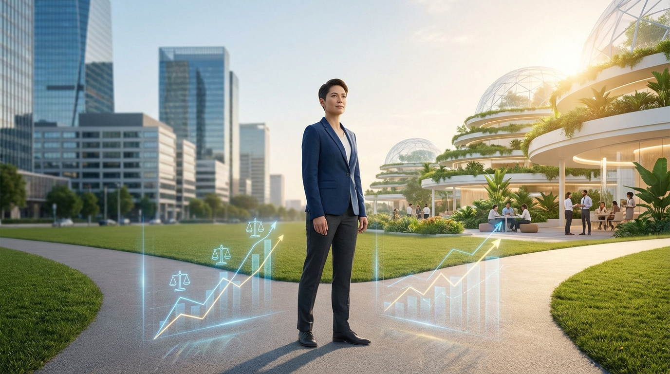 Femme d'affaires confiante devant des graphiques de croissance, entre ville moderne et bâtiments éco-futuristes, symbolisant la réussite entrepreneuriale.